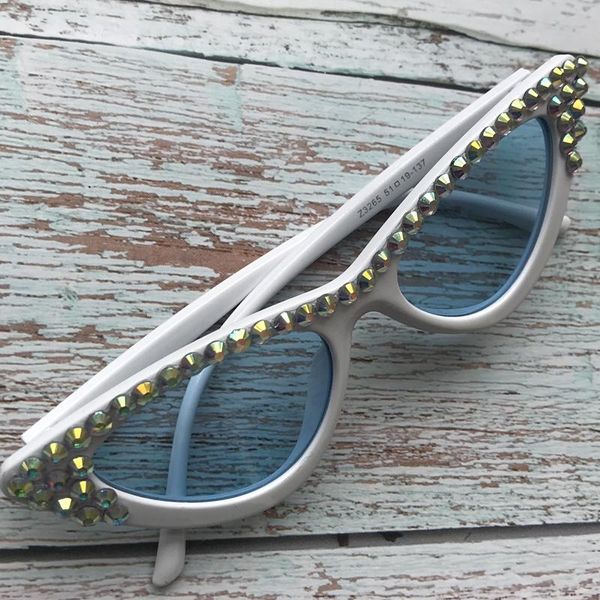 

diamond cat eye womens sunglasses white frame bule lens crystal eyewear female vintage eyeglasses uv400, White;black