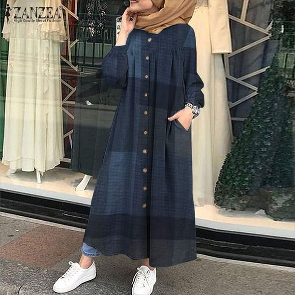 

women muslim dress zanzea autumn vintage long sleeve plaid checked sundress kaftan robe femme vestidos loose long dresses baggy x0521, Black;gray
