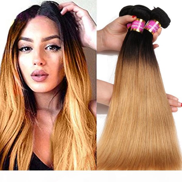 

3 bundles deals color t 1b 27 blonde 8a brazilian virgin hair silky straight ombre black blonde peruvian indian human hair extension weave, Black;brown