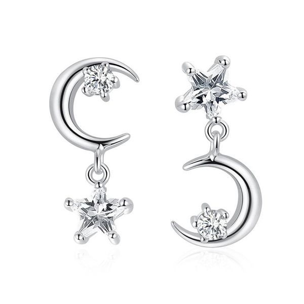 

jumplim fashion stud earrings korean sweet asymmetrical earrings woman classic five-pointed star moon tassel ear jewelry gift, Silver