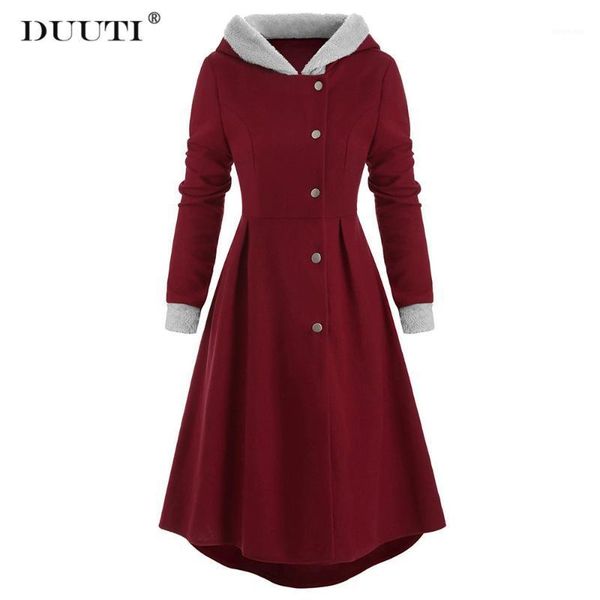 

duuti women hooded windbreaker jacket plus size solid color retro spring autumn warm casual single breasted long sleeve coat d251, Tan;black