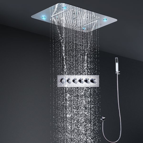 Set doccia musicale per bagno, 380 x 580 mm, soffione a LED, soffione a pioggia, cascata, nebulizzatore, rubinetto termostatico, valvola deviatrice ad alto flusso