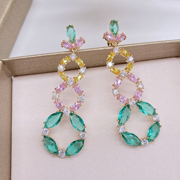 

yellow, pink, green, color matching, flower earrings, tassels, long zircon women's 925 silver needle diamond earrings