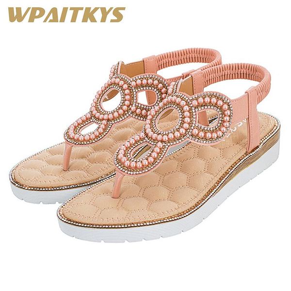 

2020 fashion pearl sandals woman blue white pink green six colors available rhinestone metal decoration leisure women's sandals, Black