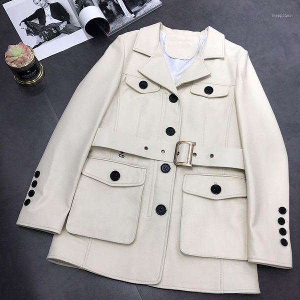 

spring and autumn coat women regular style sheepskin genuine leather jacket with belt big bag turn-down collar1, Black