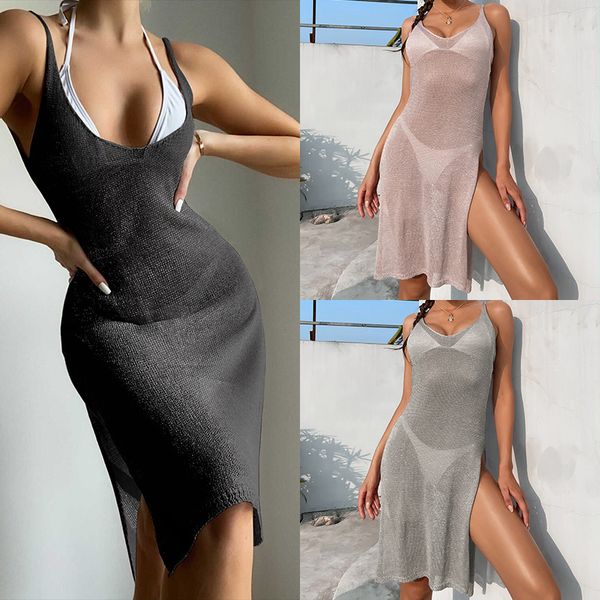 Vestido feminino de malha sexy para praia transparente longo encobrimento túnica de malha maiô feminino biquíni sarong roupa de banho sling