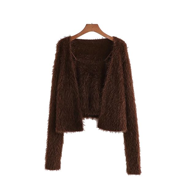 

2021 women new casual brown hairy camisole and sweater female sweet simplicity long sleeve button less cardigan chic, Black;white