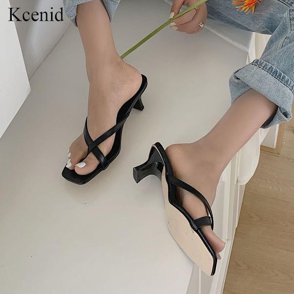 

slippers kcenid 2021 summer square toe flip flops med heel women stiletto slip on slides ladies shoes black1, Black