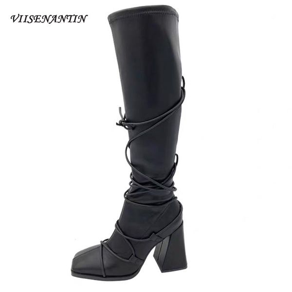 

boots knee-high square toe thick super high heel autumn winter women narrow band strappy shoes fashion zapatos de mujer, Black