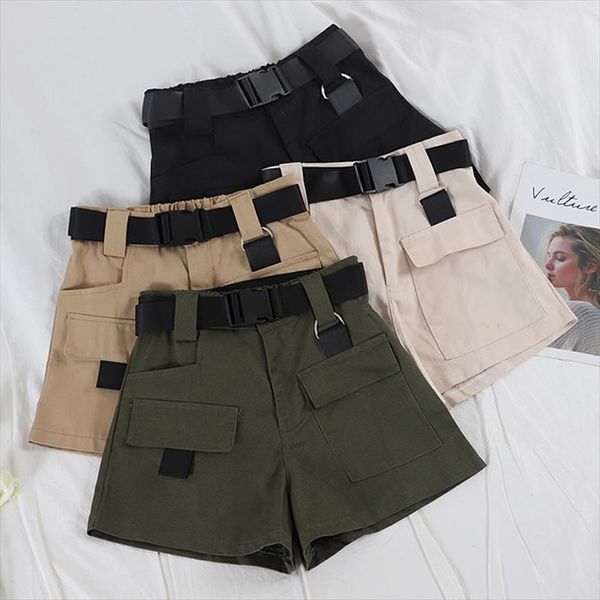 

european and american casual high waist overalls women loose loose thin multi pocket shorts military straight belt blanc culotte, White;black