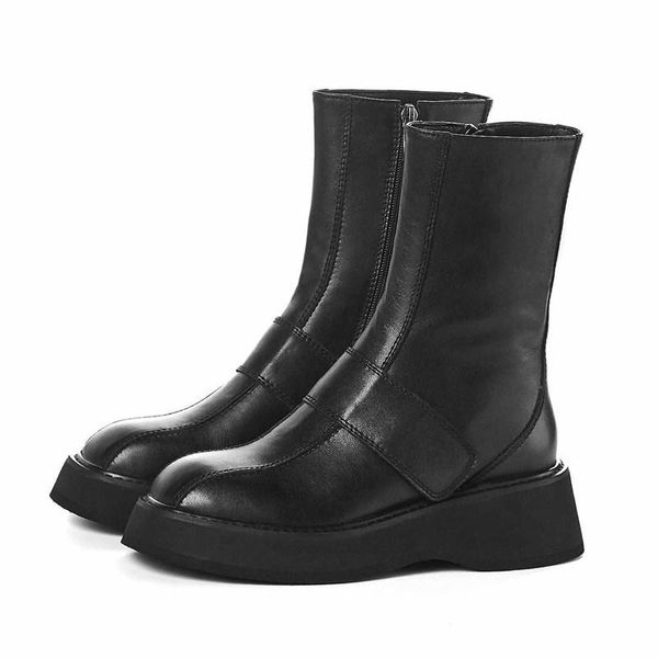 

boots motorcycle women's winter shoes cow leather thick bottom keep warm women mid-calf, Black