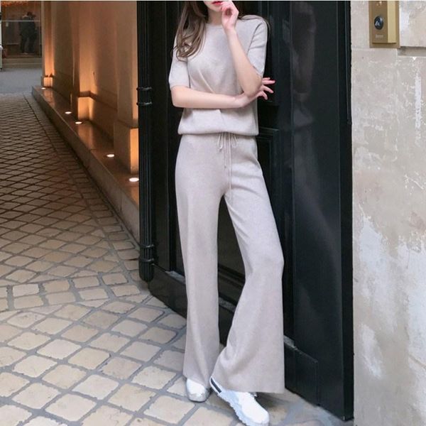 

2018 soft short sleeve cashmere pants two pieces sets solid loose knitted sets casual women suits female1, White