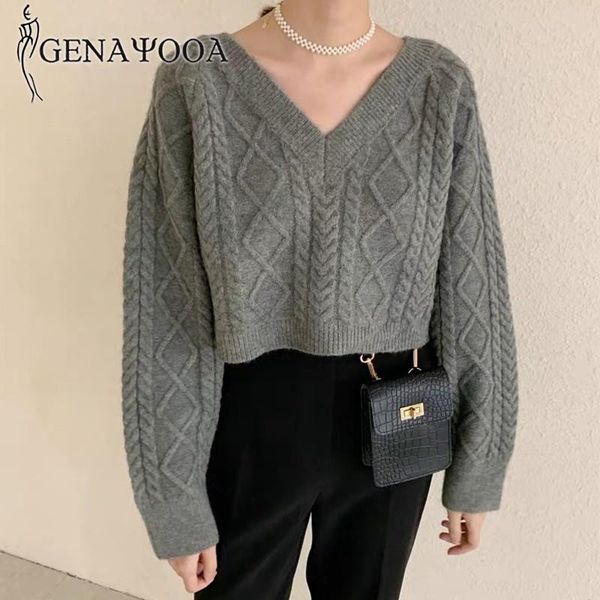 

genayooa korean style women sweater long sleeve knitted jumpers v neck pullover and sweater casual 2020 autumn winter, White;black