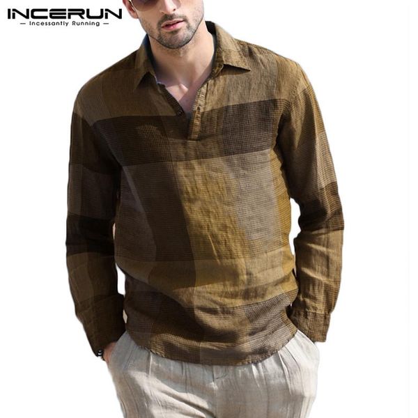 

incerun fashion men plaid shirt long sleeve streetwear turn down collar casual brand blouse breathable autumn camisa masculina, White;black