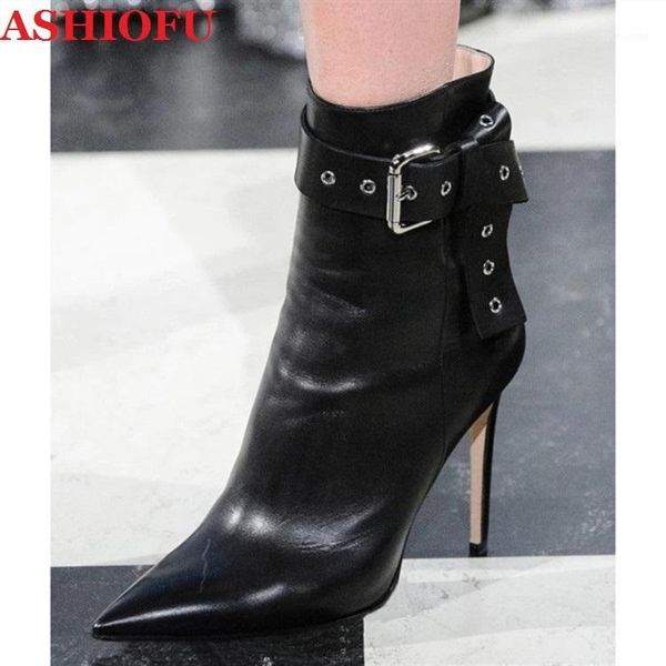 

ashiofu handmade new ladies high heels boots fisheyes buckle strap faux-leather ankle booties large size evening fashion boots1, Black