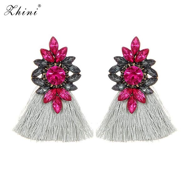 

zhini black long tassel earrings for women fashion jewelry wedding ethnic maxi crystal flower drop dangle earrings for girls, Silver