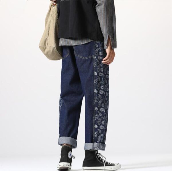 

men's jeans 2021 spring cashew printing loose straight denim pants autumn man casual trousers plus size 5xl w1576, Blue