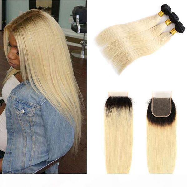 

raw brazilian remy hair 3 bundles with closure 1b 613 ombre blonde straight human hair weaves extensions with closure 100% human hair, Black