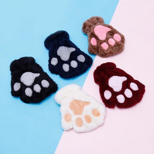 

kids cute cat claw plush mittens warm soft plush short fingerless fluffy bear cat gloves costume half finger1, Slivery;white