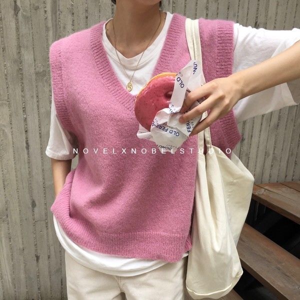 

new v neck girls pullover vest sweater autumn winter pink knitted women sweaters vest sleeveless warm sweater casual oversize lj201204, Black;white