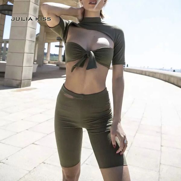 

women reversible hollow out tee with tie and legging shorts, Black