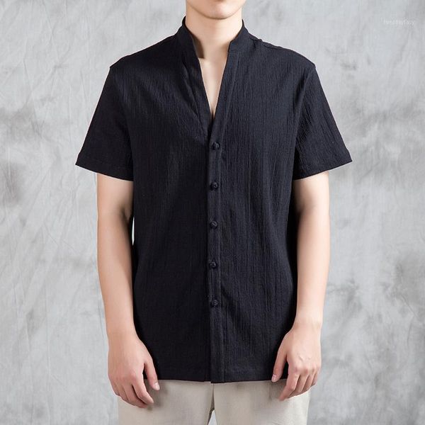 

men's casual shirts men's summer cotton linen chinese style stand collar short sleeves shirt kongfu tai chi costume male vintage s, White;black