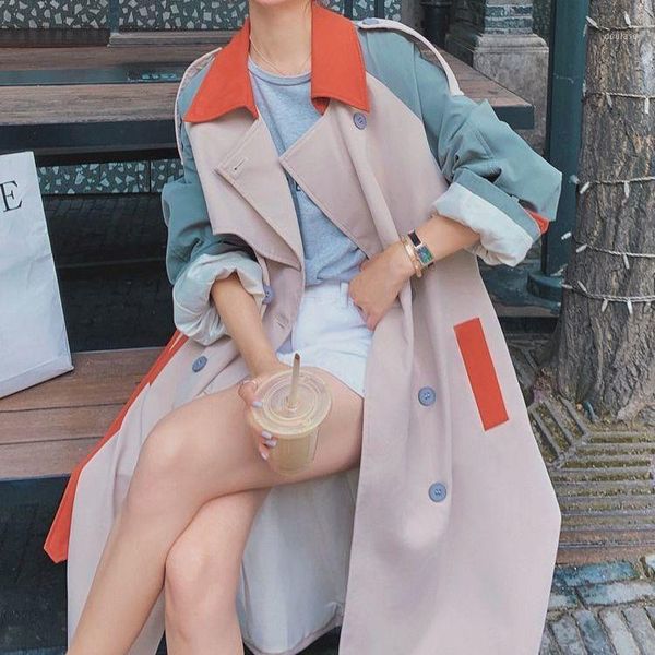 

women trench coat fashion fall winter casual cotton with over size vintage long coats overcoats double breasted outwear kpop1, Tan;black