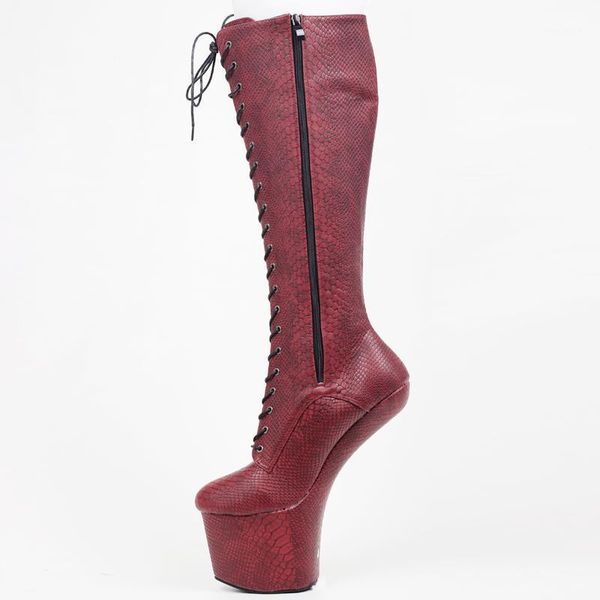 

snake skin print pu heel platform lace up knee high boots stripper exotic pole dancing1, Black