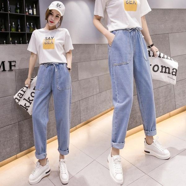 

woman denim harem pants jeans lace up vintage high waist baggy jeans plus size spring boyfriend elasticated waist ankle, Blue