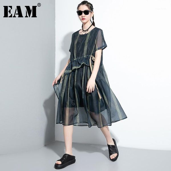 

eam] women blue striped drawstring big size dress new round neck short sleeve loose fit fashion tide spring summer 2020 1w7701, Black;gray
