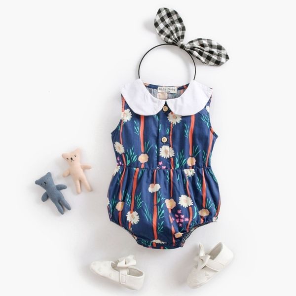 

cartoon flower print baby girl rompers doll collar sleeveless cotton romper fashion fresh cute rompers for baby girls 0-3y 201127, Blue