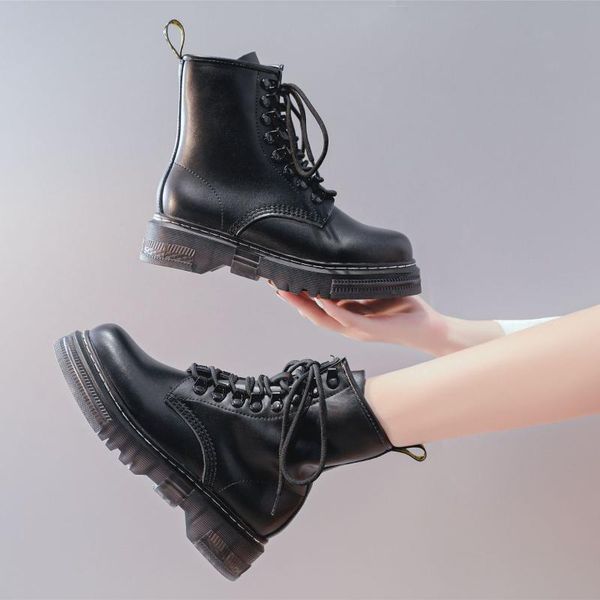 

vintage classic women leather boots motorcycle shoes woman lover ankle boots luxury autumn winter lace-up platform, Black