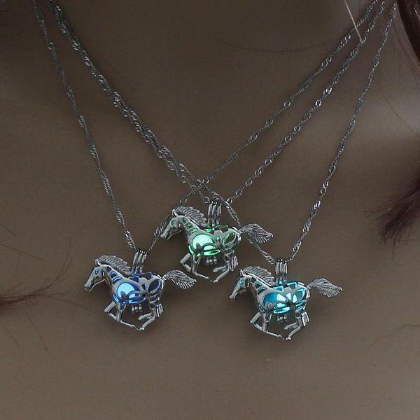 

pendant necklaces arrival glowing in the dark running horse necklace hollow out luminous locket cage jewelry, Silver