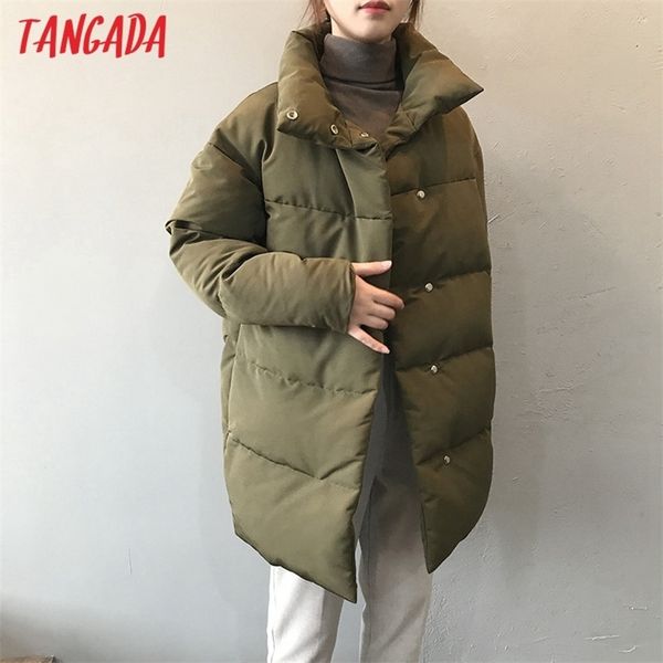 

tangada women amy green oversize long parkas thick winter long sleeve buttons pockets female warm coat asf73 201026, Black