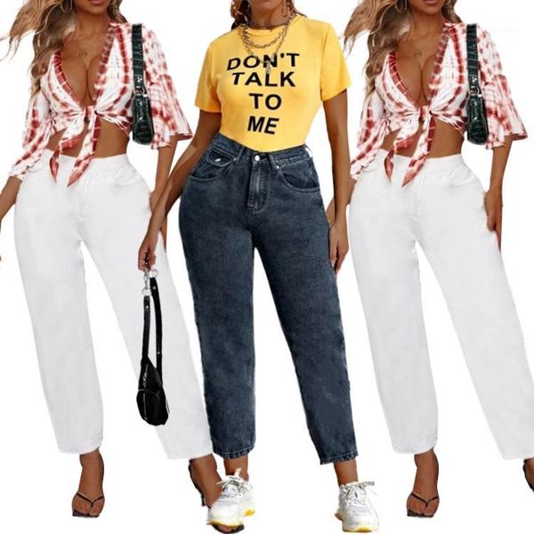 

women casual jeans spring and autumn new fashion washed distressed denim pants office lady solid color straight jeans1, Blue