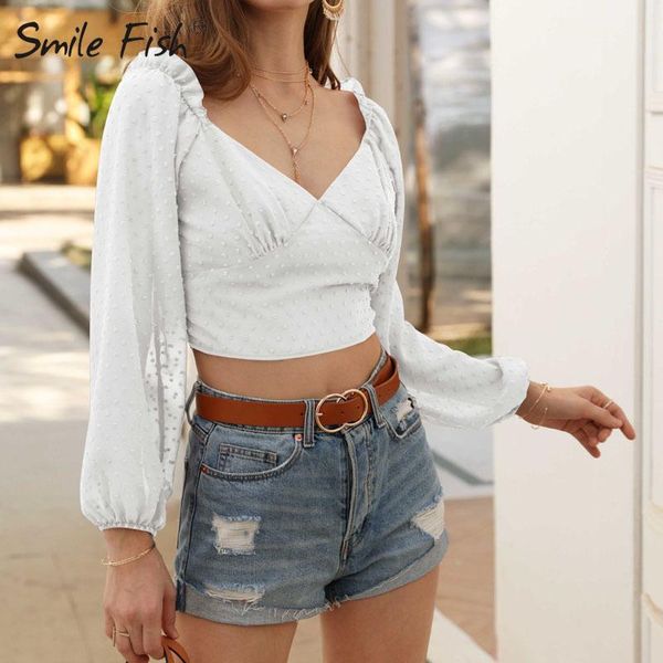 

women blouse shirts long sleeve v neck chiffon blusas 2021 new fashion spring summer solid short crop streetwear g2007, White