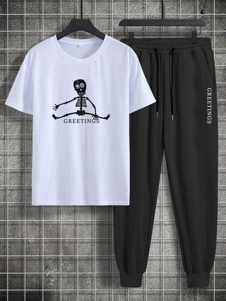 

romwe guys letter skeleton graphic tee & drawstring sweatpants b49j#, Gray