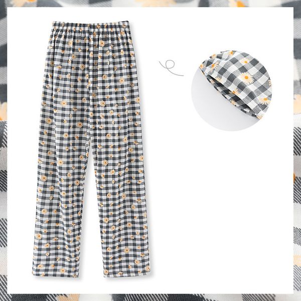 

new women sleep bottoms cotton plaid home pants women pajamas print flower slacks pijamas couple casual wide leg trousers c1018, Black;white