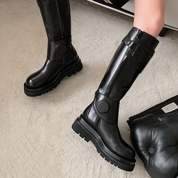 

ins fashion knee high knight boots women's winter round toe platform buckle strap long boots black genuine leather