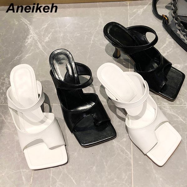 

aneikeh new 2020 fashion square head pu women sandals peep toe high heels sandals lady toe clamping slippers party shoes 35-39 q1110, Black