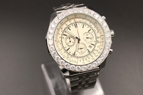 

new arrival 1884 men's diamond quartz chronograph calendar watch stainless steel strap white dial ing, Slivery;brown