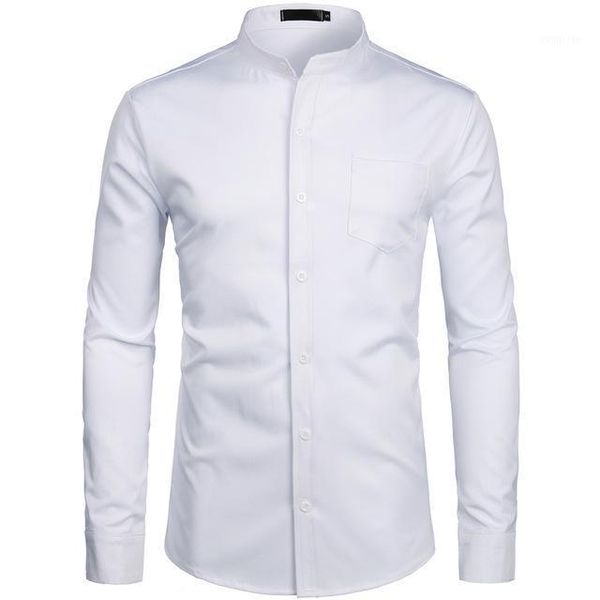 

men's blue formal shirt 2021 stand collar shirt men's long sleeve casual button pocket1, White;black