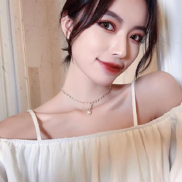 

retro simple temperament crystal pearl necklace female pearl pendant chain ins cold air net lady temperament clavicle chain, Silver