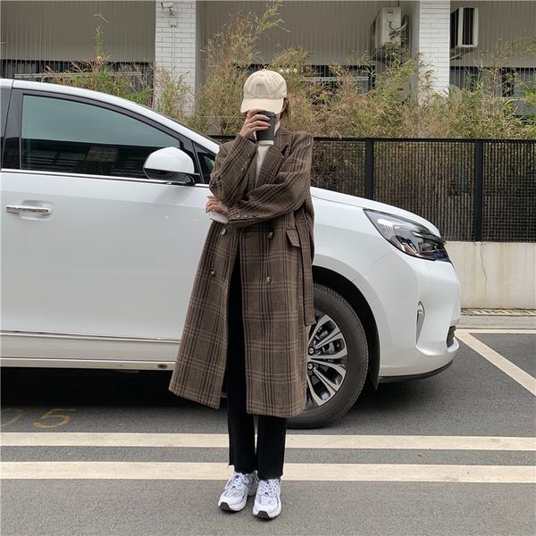 

new korean plaid medium length suit collar long sleeve clip cotton woolen coat windbreaker, White;black