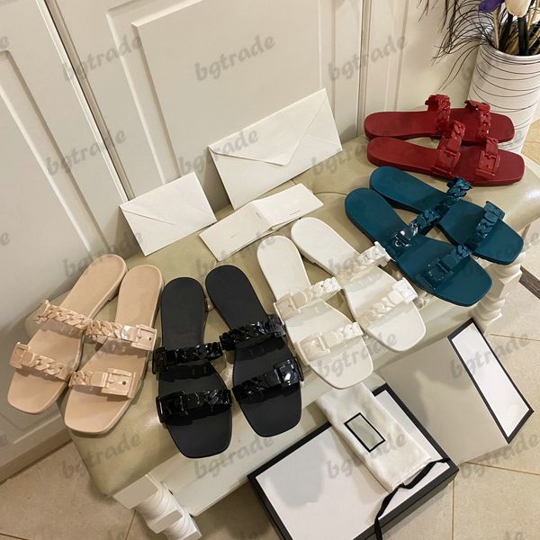 

designer teena chain strap slide sandal luxury chain-link slippers womens summer flat rubber jelly open toe slip-on horsebit motif beach fli, Black