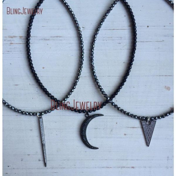 

pave crystal spike crescent triamgle pendant on beaded faceted hematite choker/short necklace nm18950, Golden;silver
