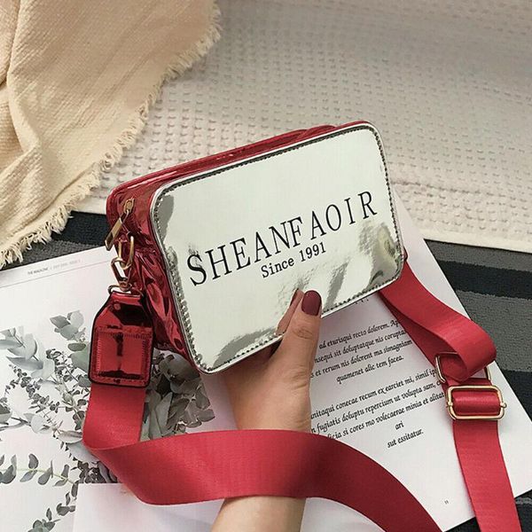 

new women fashion glossy patent leather zipper shoulder bag ladies cool letter pattern wide strap messenger handbag