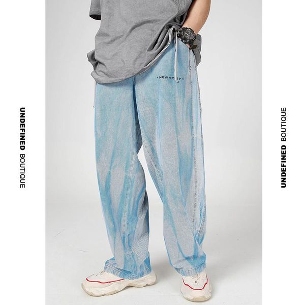 

undefinedboutique dyeing jeans for men casual fashion hip hop harem pants baggy jeans men's straight wide leg pants, Blue