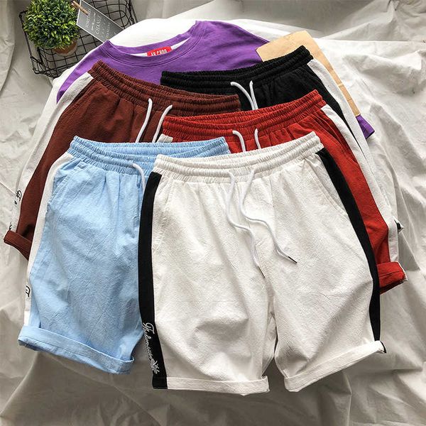 

summer bee letter embroidery label men's cotton shorts loose capris beach casual pants, White;black