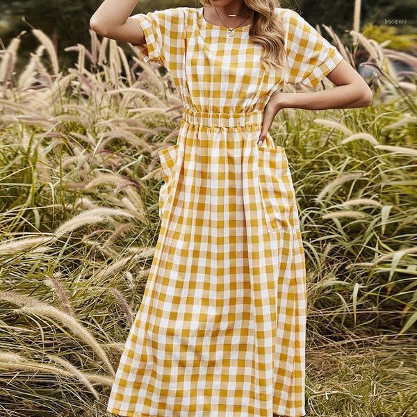 

dresses 2021 for ladies fashion temperament women's big pocket casual loose cross open back plaid yellow dress femme robe1, White;black